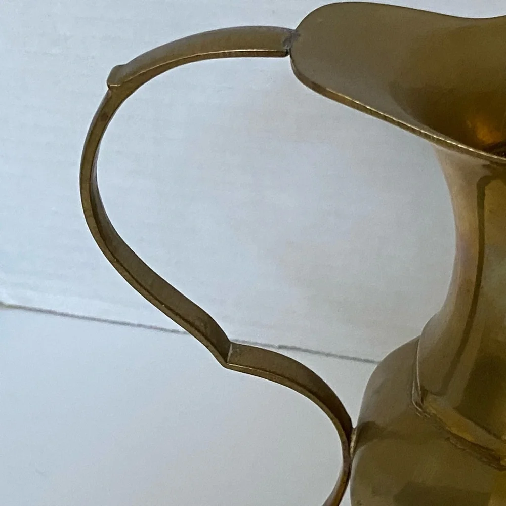 Vintage Solid Brass Pitcher Jug Vase Pretty Handle 6.5” Tall
